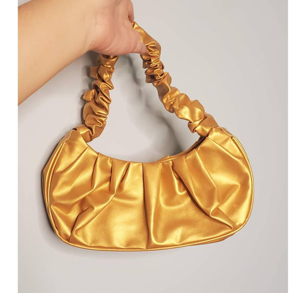 NEW! Boutique Rich Gold Ruched Faux / Vegan Leather Small Handbag / Shoulder Bag